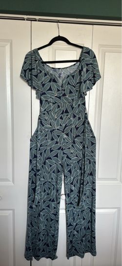 Navy Leaf Print Wide-Leg Jumpsuit