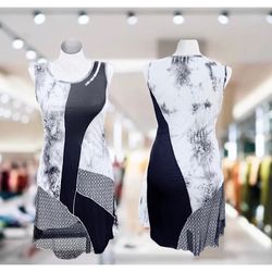 Cativa Sleeveless Dress Black White Floral Abstract Fish Net Size S