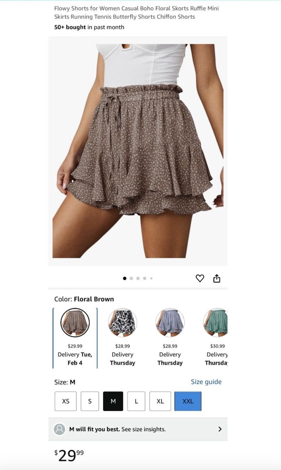 Brand new Flowy Shorts for Women Casual Boho Floral Skorts Ruffle Mini Skirts Running Tennis Butterfly Shorts Chiffon Shorts - size M Whitestone/Flus