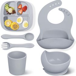 Ziza Baby Led Weaning Supplies for Toddlers Silicone Baby Solid Feeding Set of 6-Infant Self Eating Utensils with Suction Divided Plate/Bowl/Bib/Water