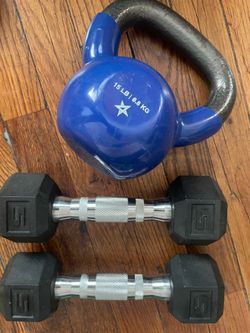 15lbs Kettlebell and a pair of 5lbs dumbbells.