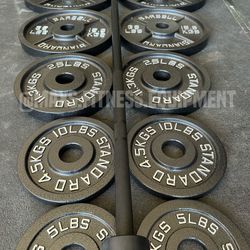 NEW CAST IRON PLATES SET WITH OLYMPIC BAR