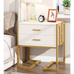 White and Gold Nightstand with 2 Drawers,End Table for Bedroom