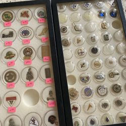 Two display cases of various pins All Kinds Take All cases included