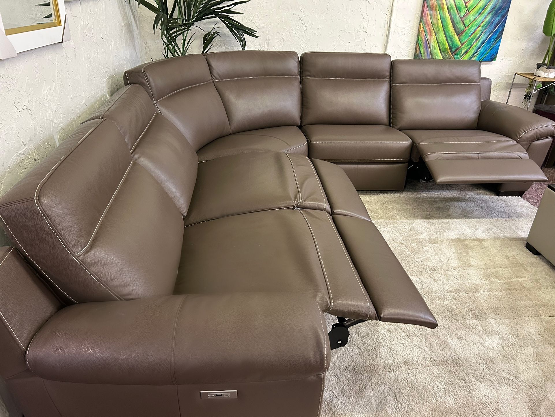 Furniture- Natuzzi 100% Real Leather 5 Pc Sectional With 3 Power Recliners- Julius