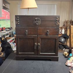 East Asian Petite Wooden Commode/Chest Designed As An Antique, Hinged Lid For Storage, 2 Drawers & 2 Doors-Use For Jewelry & Trinkets 14.5W x 9D x 15.
