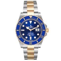 Men's Rolex 40mm Submariner Oyster Perpetual Two Tone 18K Yellow Gold / Stainless Steel Watch with Blue Dial and Blue Bezel. (WR-2155)