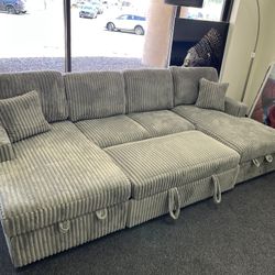 Grey Double Storage Chaise Corduroy Sectional Sleeper Sectional