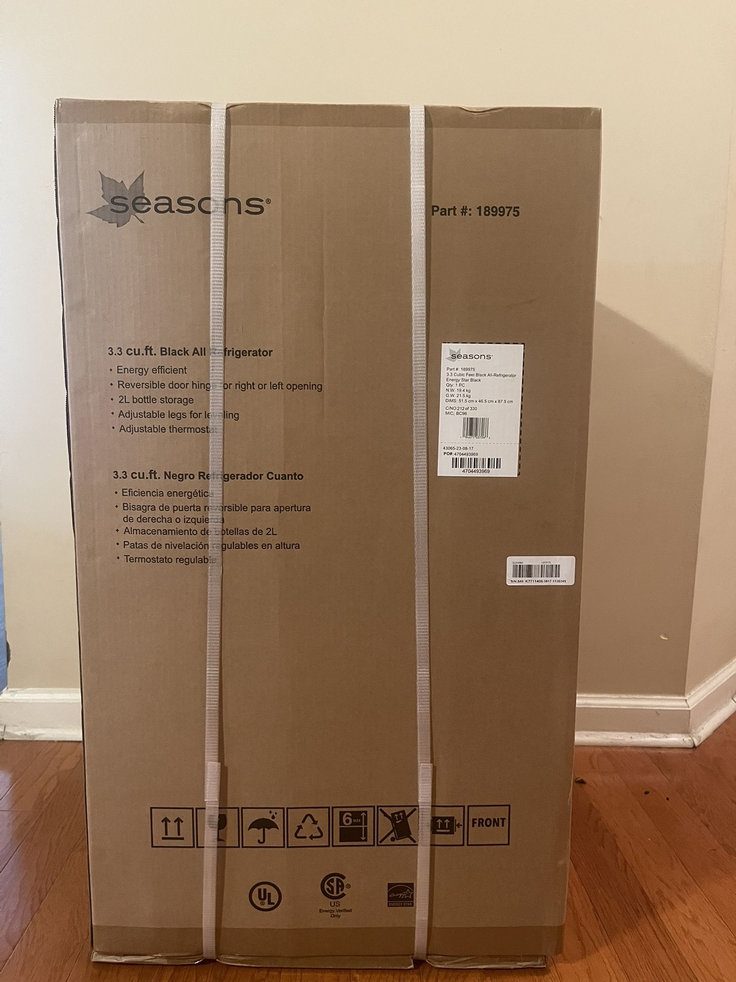 Seasons BC96 3.3 Cu. Ft. Compact Refrigerator Energy Star, All-Fridge, Black