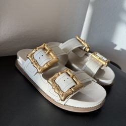 Schutz Cream White Leather Slide Sandals with Gold Bamboo Buckles Size 7