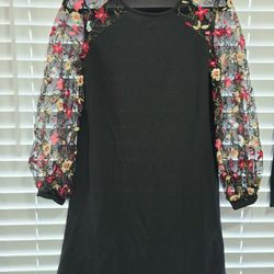 Mini Black Short Dress Mesh Long Sleeve Size S