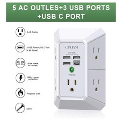 5 AC Outlets W/ 3 USB A + 1 USB C Port Wall Outlet 