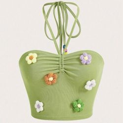 Women’s Appliques Detail Ruched Bust Tie Backless Crop Halter Top