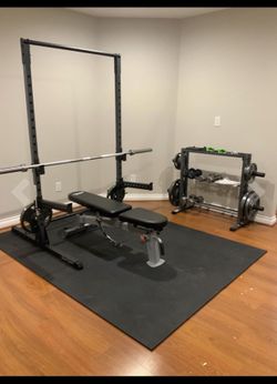 New sealed fitness reality squat rack bundle with weights barbell and adjustable bench