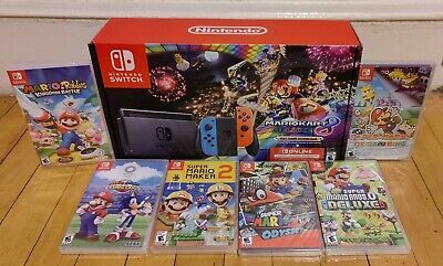 Nintendo Switch Console Mario Kart 8 Deluxe Bundle With 6 Extra Mario Games