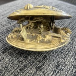 Vintage Japanese Carved Celluloid Clam Shell Diorama Tree Water Wheel#26 