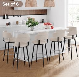 Set of 6 Swivel Bar Stools – 30” Seat Height Beige Linen Upholstered Bar Chairs