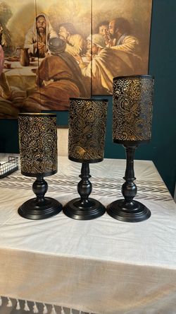 Set of 3 Black & Gold Filigree Pedestal Candle Holders - Graduated Trio