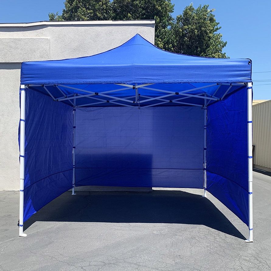 (New) $140 Heavy Duty 10x10ft Popup Canopy with 3 Sidewalls, White/Blue
