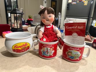 Cute Campbell’s Century Edition Soup Mugs & Doll