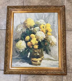 Gold Framed Yellow/ White Flowered Print by R. Colao (25 1/2” Wide x 29 1/2” Tall)