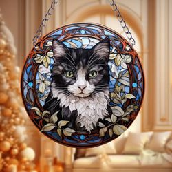 1pc Black Cat Pattern Suncatcher Wall Sign, Round Dyed Acrylic Wall Art, Hanging Plaque Pendant, For Door Farmhouse Festival Decor, For Window Yard Ga