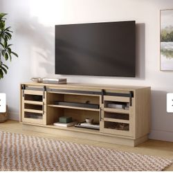 Modern Farmhouse TV Stand - 58" Entertainment Center with Storage - Barn Door - Supports 32 to 65" TVs (Light Oak)