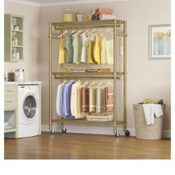 Garment Rack 3 Tiers Adjustable Wire Shelving Clothing Rack with Double Hanging Rods, Closet Organizers and Storage, Gold