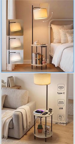 Floor lamp with table, USB/type C/AC charging ports