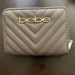 Woman’s Bebe Wallet Taupe With Gold Tone Logo And Hardware