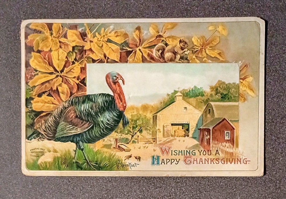 Thanksgiving Country Scene Turkey Postcard Post Card Antique 1909 Ben Franklin