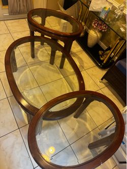 3-Piece Glass Top Coffee Table Set – Dark Wood Finish