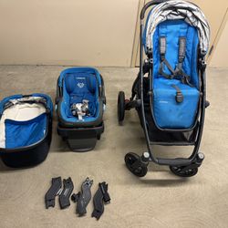 Uppababy Vista stroller and car site with base including Upper and lower adapters