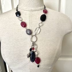 Chicos Pink And Black Beaded Charm Statement Necklace 