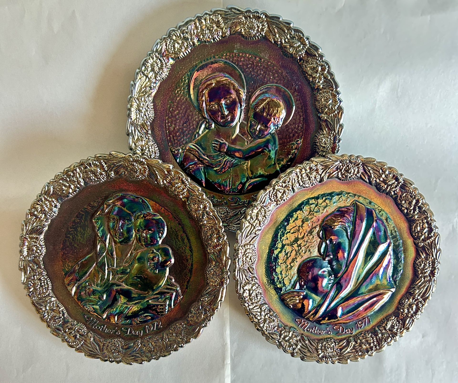 Three Vintage Fenton Carnival Glass Mother’s Day Plates (‘71, ‘72, ‘73)