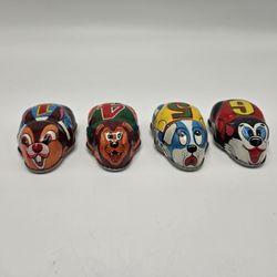 Lot Of 4x Vintage Yone Tin Friction Toy Cat Lion Rabbit Dog Japan Racing
