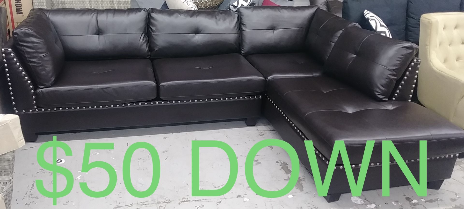 Espresso Nailhead Sectional w/ Ottoman (Finance & Free Delivery)