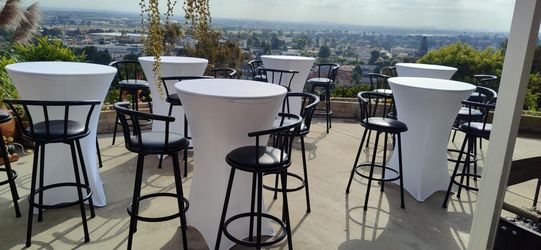 Cocktail tables 30", tablecloths, bar stools, tent, umbrellas, artificial grass