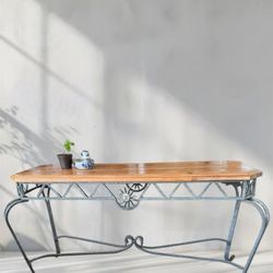  Vintage Wood & Wrought Iron Console Table Entryway Sofa Table Rustic Farmhouse Made in Mexico