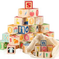 Jamohom Wooden ABC Building Blocks for kids 26 Wood Alphabet Number Blocks, 3yr+