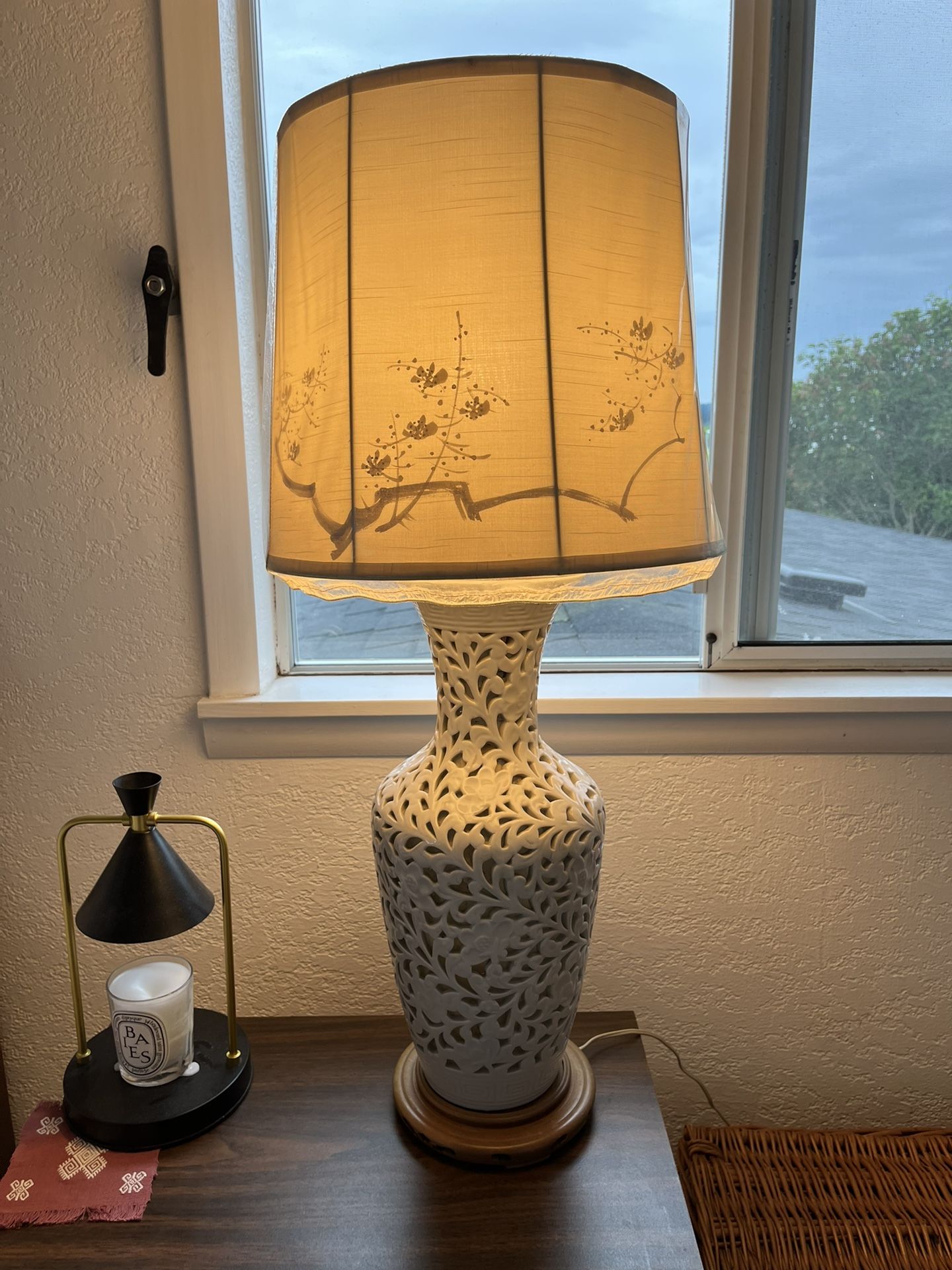 Porcelain Carved Asian Cherry Blossom Vintage Lamp With Silk Shade