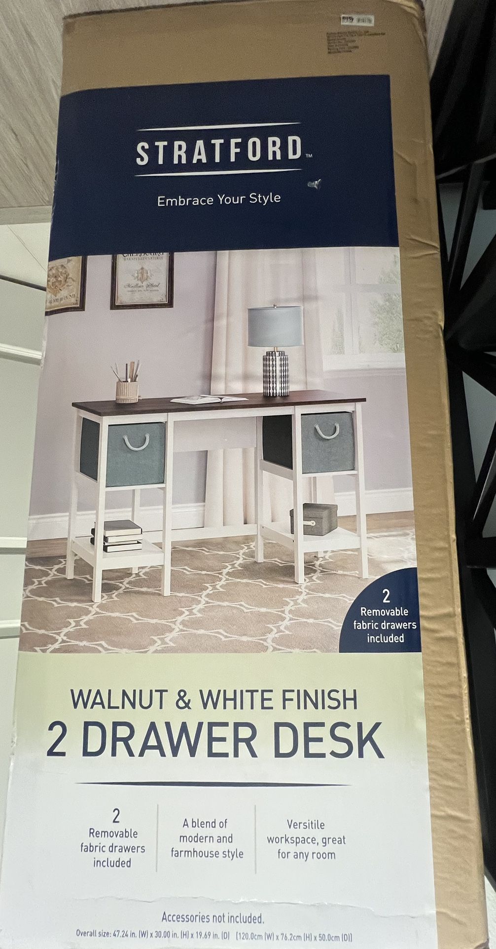 Walnut & White Finish Two Fabric Drawer Desk 
