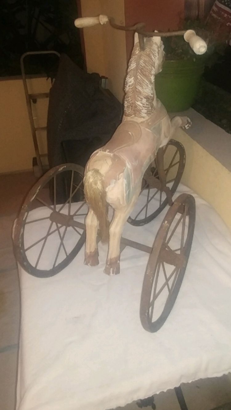 Antique hand carved wood horse tricycle
