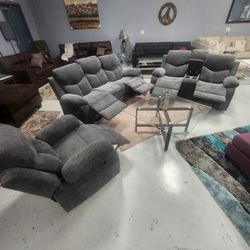 Grey Recliners 3 Pc Chair Sofa Love W/cup Storage  Manuel