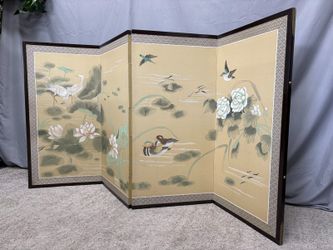 Vintage Chinoiserie 4-Panel Watercolor Lake Scene Folding Screen