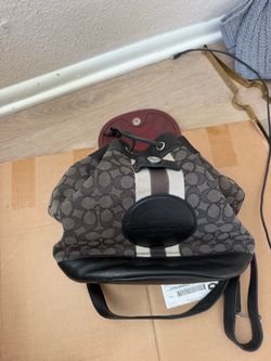 COACH Signature Canvas & Black Leather Drawstring Backpack