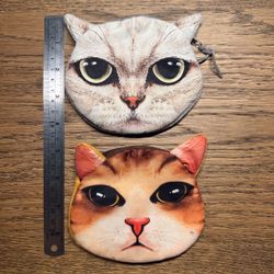 Set Of 2) Cute 3D Realistic Cat Face Cosmetic coin  Purses Zip Pouches