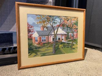 Vintage Framed Needlepoint of a Charming Home