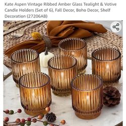 Ribbed Amber Glass Candle Holders