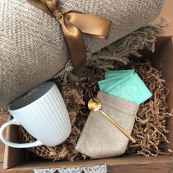 Gift Box Of Wellness Items, Blanket, Tea, Teacup